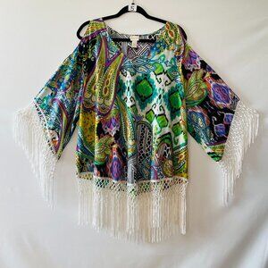 Chico's Womens Multicolor Macramé Fringe Hem Paisley Boho Tunic Top Size 3 US XL